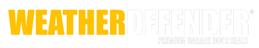 Weather Defender logo featuring "WEATHER" in gold, "DEFENDER" in white, and the tagline "Premium Garage Door Seals" on a black background.