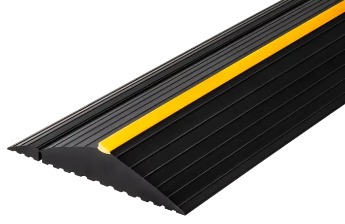 Weather Defender® XL Garage Door Seal Cut To Size in black, featuring a durable tapered rubber threshold with anti-slip grooves and a high-visibility yellow center strip for improved weather protection and safety.