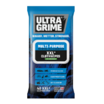 UltraGrime Multipurpose XXL+ Clothwipes 40 Pack in a resealable blue soft pack, containing extra-large heavy-duty cleaning wipes for removing grease, oil, paint, ink, and everyday grime.