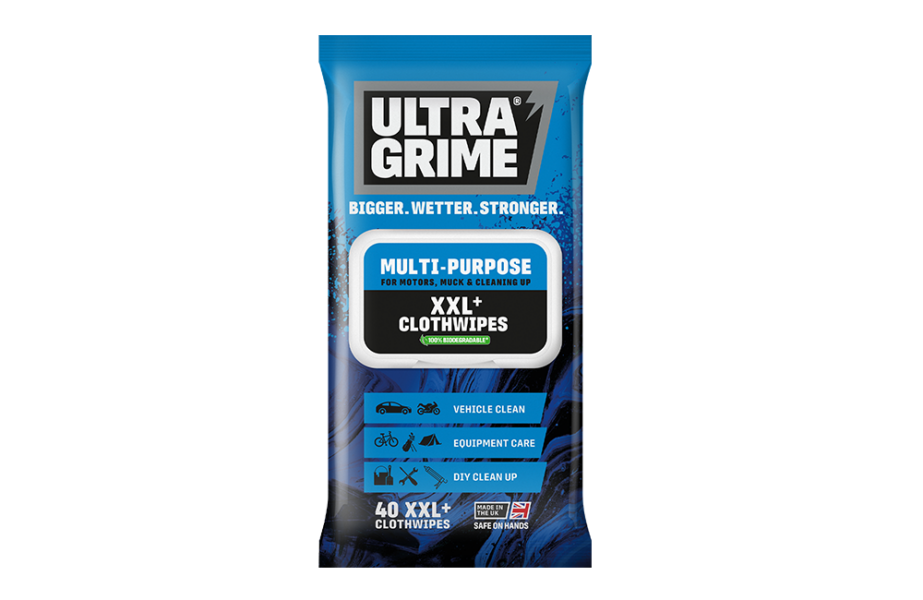 UltraGrime Multipurpose XXL+ Clothwipes 40 Pack in a resealable blue soft pack, containing extra-large heavy-duty cleaning wipes for removing grease, oil, paint, ink, and everyday grime.