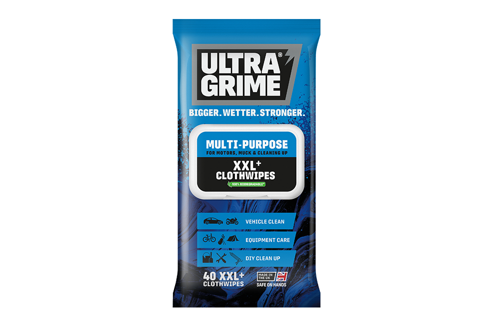 UltraGrime Multipurpose XXL+ Clothwipes 40 Pack in a resealable blue soft pack, containing extra-large heavy-duty cleaning wipes for removing grease, oil, paint, ink, and everyday grime.