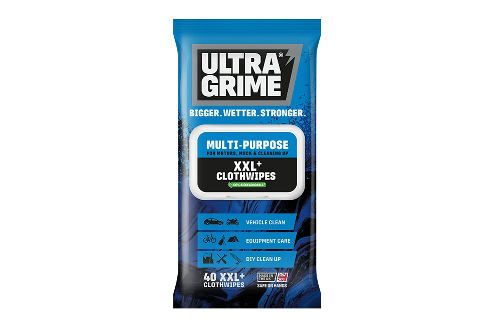 UltraGrime Multipurpose XXL+ Clothwipes 40 Pack in a resealable blue soft pack, containing extra-large heavy-duty cleaning wipes for removing grease, oil, paint, ink, and everyday grime.