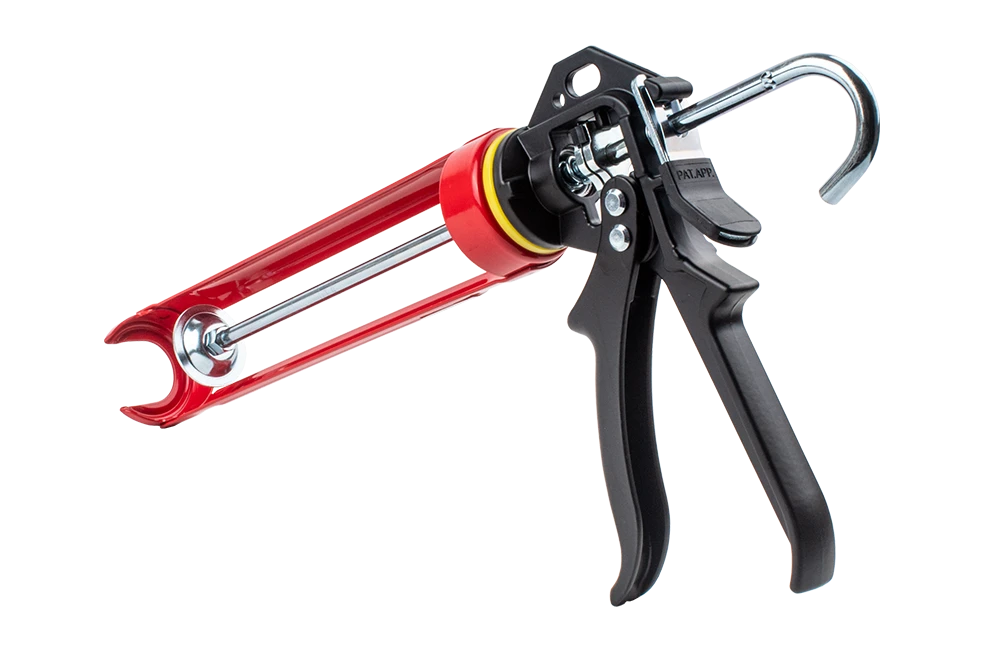 Weather Defender heavy-duty sealant gun with swivel-action barrel, designed for applying 290ml, 300ml, and 400ml adhesive and sealant cartridges during garage door threshold installation.