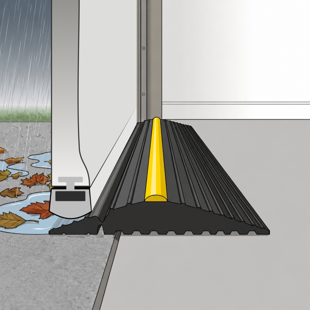 Weather Defender® garage door threshold seal in use with a roller garage door, helping prevent rainwater, leaves, and debris from entering the garage