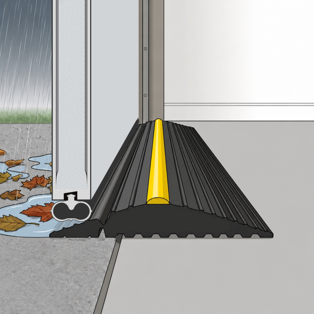 Weather Defender® garage door threshold seal installed with a sectional garage door to help prevent rainwater, leaves and draughts entering the garage.