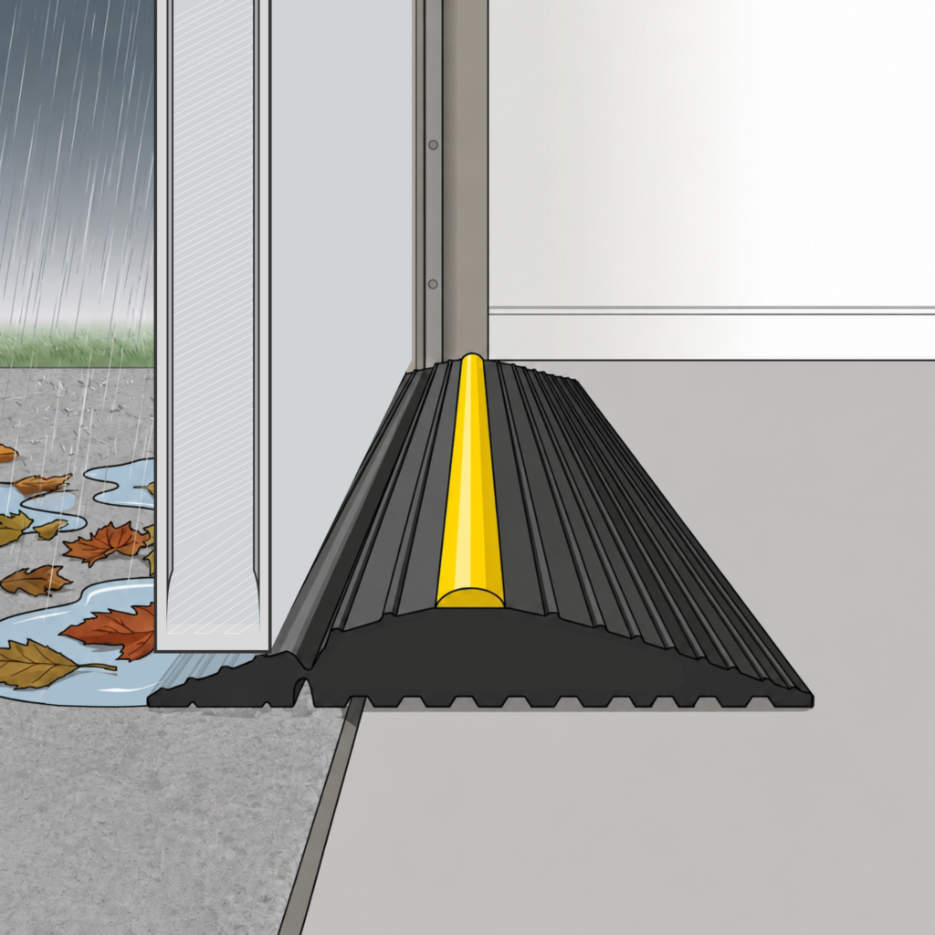 Weather Defender® garage door threshold seal fitted with a side hinged garage door to prevent rainwater, leaves, draughts and debris entering the garage.