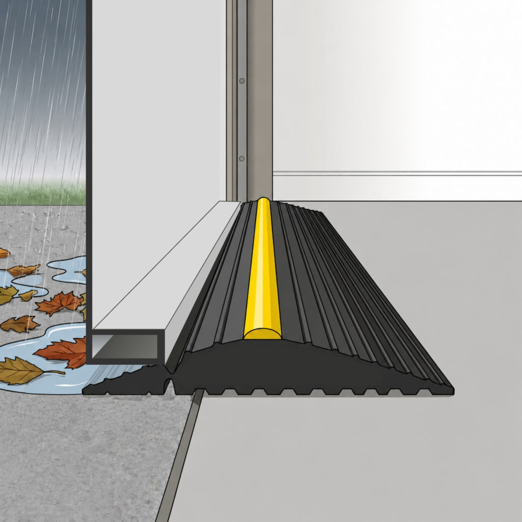 Weather Defender® garage door threshold seal in use with an up and over garage door, providing a weatherproof barrier against rainwater, leaves, and debris.
