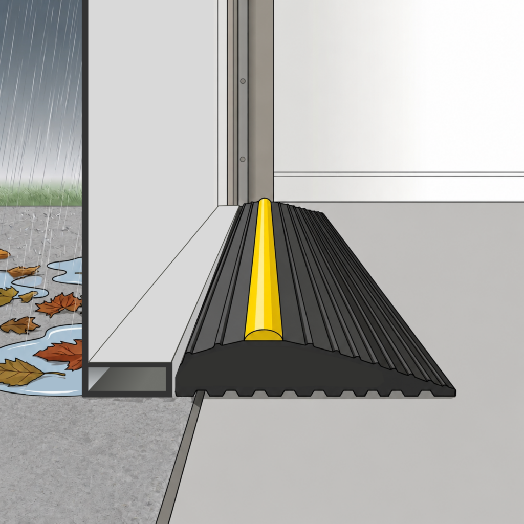 Weather Defender® No Strip threshold seal fitted with an up and over garage door, helping prevent rainwater, leaves, and debris from entering the garage.