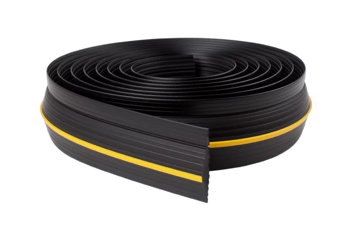 Coiled Weather Defender Trade Roll garage door bottom seal in black with a yellow center stripe.
