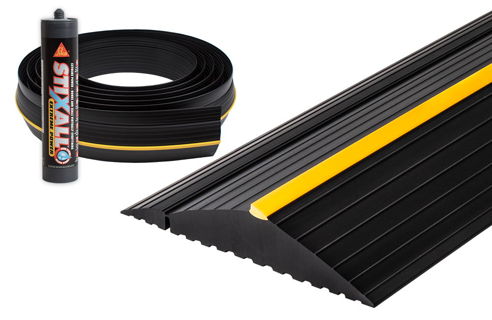 Weather Defender XL Garage Door Seal Kit with black floor threshold seal and Sika adhesive for weatherproof garage door sealing.